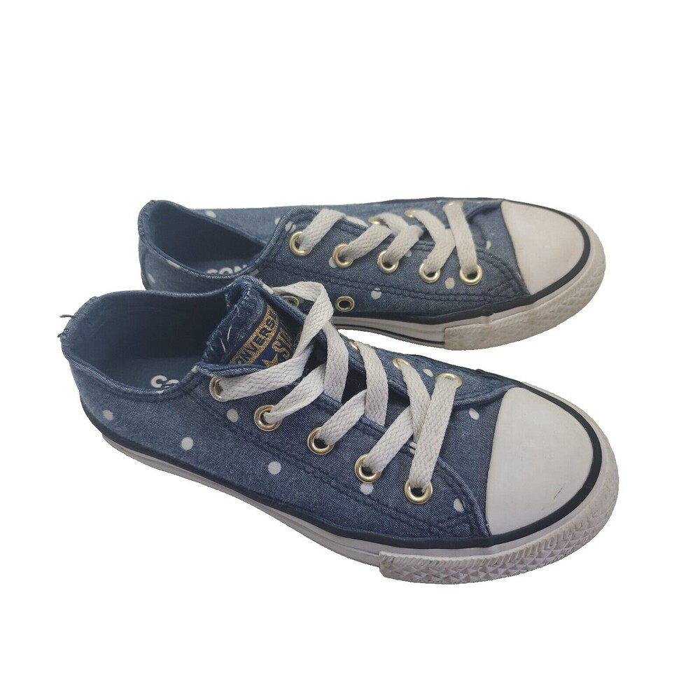 Converse All Star Girls sz 12 Ox Sneakers Shoes Denim Blue Polka Dot